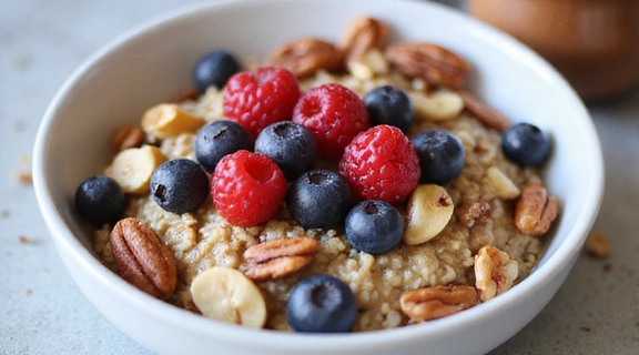 Un plato de desayuno saludable con avena, frutas y frutos secos.