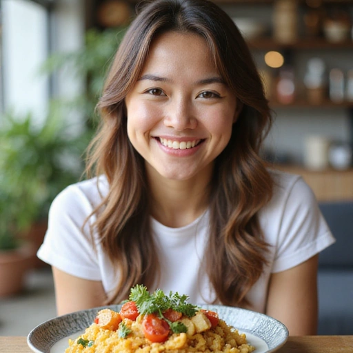 Una persona sonriente disfrutando de una comida saludable y colorida en un ambiente luminoso y natural.