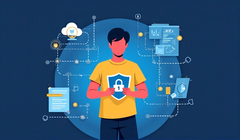 Ilustración de una persona con un escudo, simbolizando el control sobre sus datos personales.