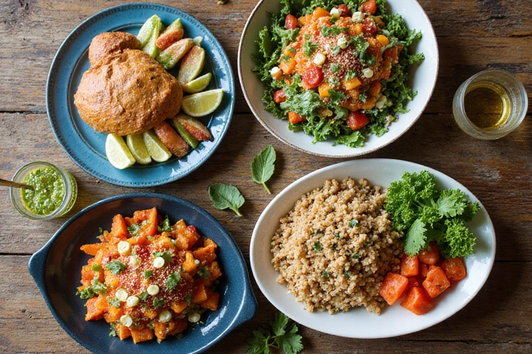 Variedad de platos saludables y coloridos sobre una mesa de madera, representando diversos planes de alimentación